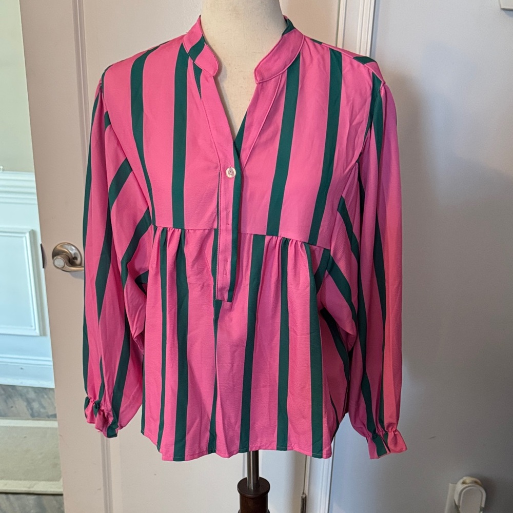 Women's Pink and Green Striped Peasant Top